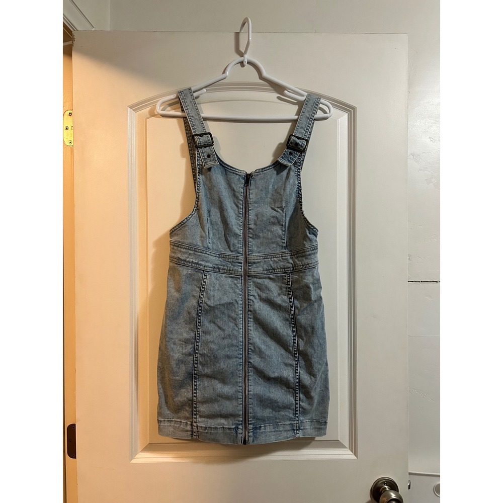 Free‎ People Denim Overall Dress Blue Wash Zipper Front Buckle Straps Mini